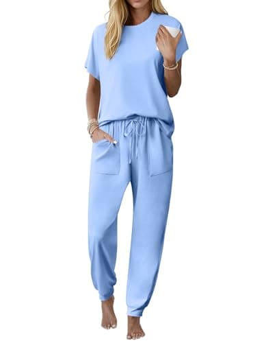 Ekouaer Womens Pajama Sets Short Sleeve Pj Top With Jogger Pants Cotton Pajamas 2 Piece Lounge Set with Pocket Light Blue S - Image 1