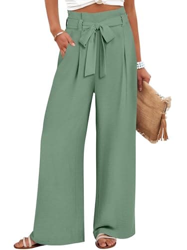 ANRABESS Womens Wide Leg Palazzo Pants Belted High Waisted Business Casual Flowy Long Trousers with Pockets Light Green Medium - Image 1