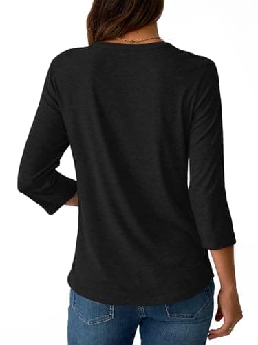 NORACORA 3/4 Sleeve Tops for Women T Shirts Dressy Casual Spring Fall Outfits Pleated Front Shirts Round Neck Casual Tunic Basic Tee Tops Black M - Thumbnail 5