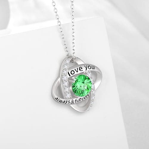 Birthstone Love Knot Pendant Necklace - 925 Sterling Silver Firework-Cut Cubic Zirconia Love You Forever Necklace Anniversary Birthday Jewelry Gift for Women Wife Mom Daughter (E.May) - Thumbnail 3