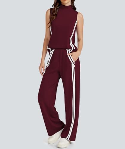 Casly Lamiit Womens Lounge Set 2 piece Lounge Travel Outfits Trendy Casual Tracksuit Mock Neck Tops Wide Leg Jogging Pants Activewear Ancora Red S - Thumbnail 4