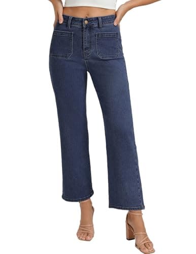 Belle Poque Women Straight Leg Jeans Dark Blue Mid Rise Stretchy Wide Leg Denim Pants with Pockets Front (Dark Blue, 16) - Image 1