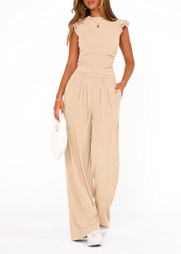 KIRUNDO Two Piece Sets For Women Dressy 2026 Summer Cap Sleeve Cute Tops Wide Leg Pants Spring Matching Set Vacation Outfits(Beige, Small) - Thumbnail 3
