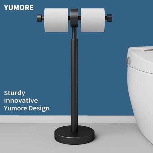 YUMORE Toilet Paper Holder Stand, Floor Freestanding Double Roll Black Tissue Paper Stand for Modern Bathroom, Weighted Round Base Stainless Steel Toilet Roll Holder,Extra Capacity - Thumbnail 2
