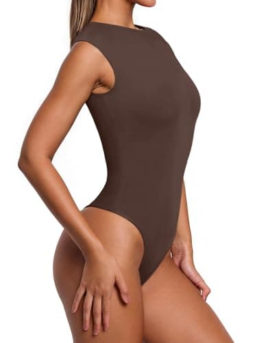 PINKMSTYLE Womens Summer Sleeveless Bodysuit Double Lined Crew Neck Stretchy Basic T Shirt Bodysuit Tank Tops Dark Brown Small - Thumbnail 5