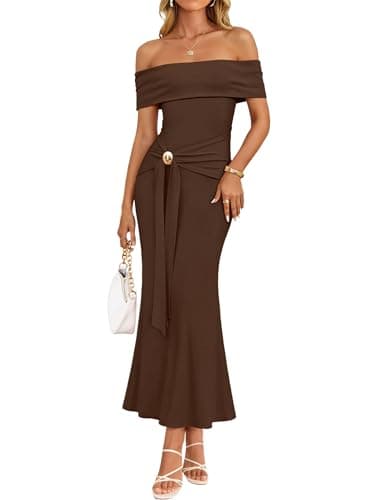 ZESICA Womens Summer Off The Shoulder Bodycon Maxi Dress 2026 Elegant Wedding Guest Formal Cocktail Party Long Dresses,Coffee,Large - Image 1