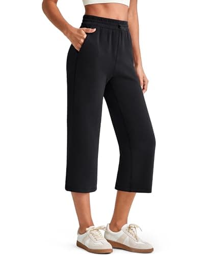 G4Free Wide Leg Capri Sweatpants with Pockets for Women High Waisted Modal Soft Casual Lounge Capirs Adjustable Stretch Travel Pants(Black,XL,Regular) - Image 1