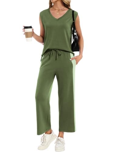 YOKGO Two Piece Sets for Women Summer Outfits V Neck Lounge Sets Business Casual Vacation Travel Matching Set - Image 1
