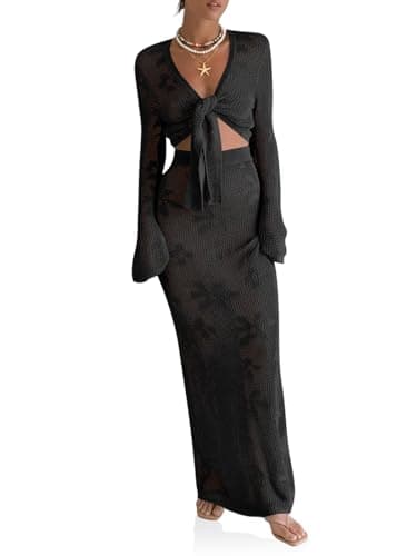 Beloyoni Women's Summer Swimsuit Coverup Crochet Knit Cardifan Tops Long Skirt Beach Set Swimwear Bathing Suit Cover Ups Black M - Image 1