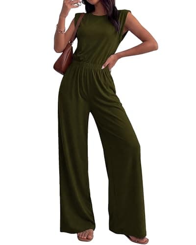 BTFBM 2 Piece Sets for Women Spring 2026 Casual Shoulder Pad Tank Top Wide Leg Pants Matching Set Travel Airport Outfits(Army Green, Small) - Image 1