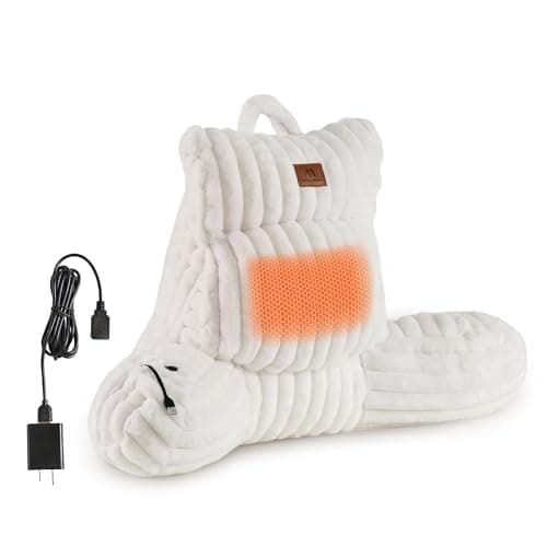 Amélie Home Heated Faux Fur Reading Pillow 3 Temperature Backrest for Sitting in Bed Support Cushion, USB-Powered(No Power Bank Included) Warming (113°F-131°F), 3H Auto Shutoff, Ivory, 18 Inches - Image 1