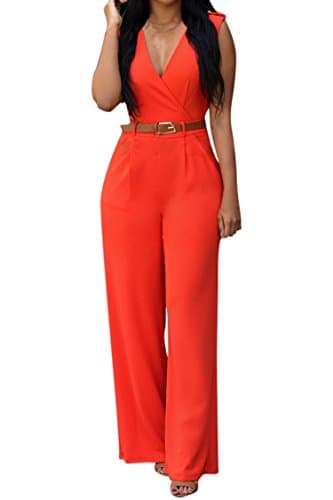 Pink Queen Women's Casual V Neck Wrap Long Pants Club Jumpsuits Rompers Belted with Pockets L Orange - Thumbnail 2