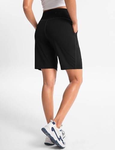 Cyasundent Women's Athletic Shorts with Zipper Pocket 9" High Waisted Bermuda Shorts for Women Workout Walking Running(Black_XL) - Thumbnail 2