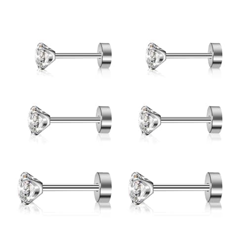BOGKU 3 Pairs Women Earring Studs Titanium Cubuic Zirconia CZ Flat Screw Back Stud Earrings Hypoallergenic Silver Earring Studs Set for Cartilage Multiple Pierced Ears 3mm-5mm - Image 1