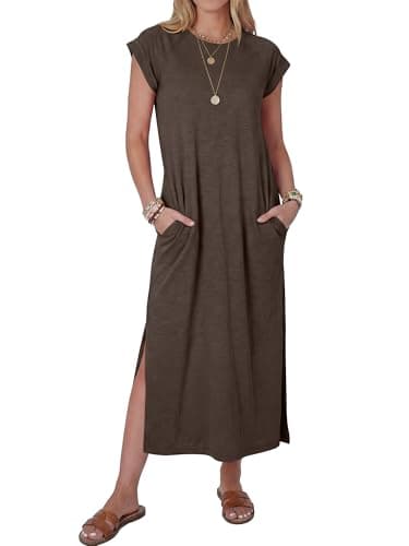ANRABESS Women Summer Maxi Dress 2026 Casual Loose Cap Sleeve Crewneck Split Beach Vacation Long Sundress with Pockets Dark Coffee Small - Image 1