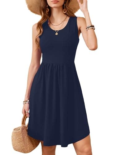Moodclo Women's Summer Casual Tank Dress Navy Blue Large 2026 Sleeveless Sundress with Pockets Knee Length Beach Travel - Image 1