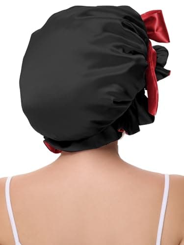 Vettres Hair Bonnet for Sleeping, Satin Silk Shower Cap Women 2026 with Tie Band and Adjustable Straps Head Wrap for Curly Hair Black F - Thumbnail 4