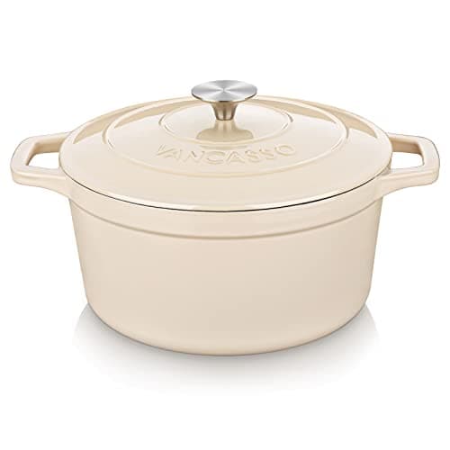 vancasso Cast Iron Dutch Oven, 6 QT Round Pot with Lid and Dual Handles, Non Stick Enamel Coating for Bread Baking, White - Image 1