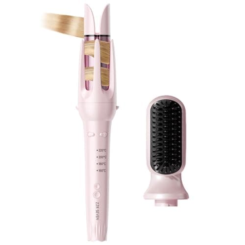 ZZR SEVEN 2 in 1 Automatic Curling Iron with 1.25 Barrel, Straightening Comb, 2 in 1 Hair Curler Tools, Rotating Curling Iron with 4 Temp, 10S Fast Heating, Dual Voltage (Pink, 2 in 1)