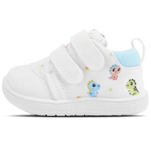 STQ KIDS Baby Walking Shoes Wide Toe Box Infant Barefoot Shoe Boys Girls Soft Toddler Tennis Sneaker Mid Top Babies First Walkers Non-Slip Ankle Support White Dinosaur 6-9 Months Infant Size 3 US - Image 1