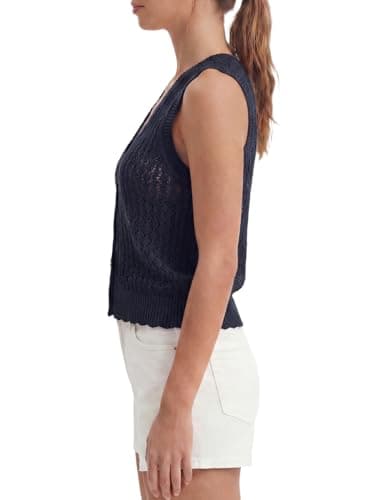 Winnim Sweater Vest Crochet Tops for Women, Button Down Sleeveless Cardigan Sweaters for Women Hollow Out Knit Tank Top, Grey Blue, Medium - Thumbnail 2