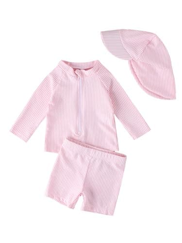 JiAmy Toddler Baby Girls Rash Guard Set with Swim Trunks for Kids 3PCS Long Sleeve Rashguard Swim Set Sunsuits Bathing Suits Pink 3-4 Years - Image 1