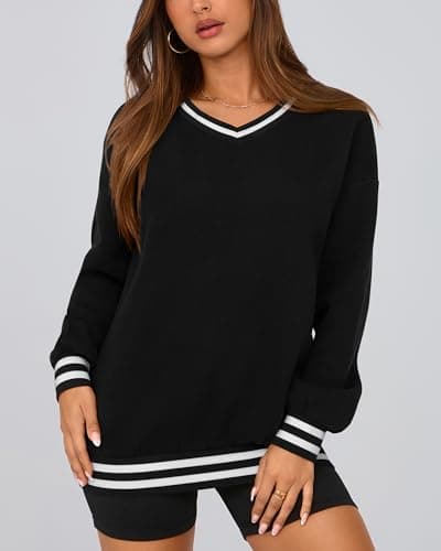 PRETTYGARDEN Women's Oversized Sweatshirts Casual Long Sleeve Stripes Knit V Neck Pullover Top Spring Preppy Clothes(Black,XX-Large) - Thumbnail 2