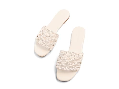 Coutgo Womens Flat Sandals Braided Open Square Toe Slip On Slide Sandals Dressy Beach Vacation Shoes, Beige, Size 11 - Image 1