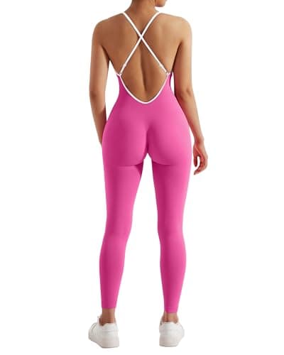 MOOSLOVER Women Strappy Backless One Piece Jumpsuits Tummy Control Padded Workout Rompers(L,#1 Pink White) - Image 1