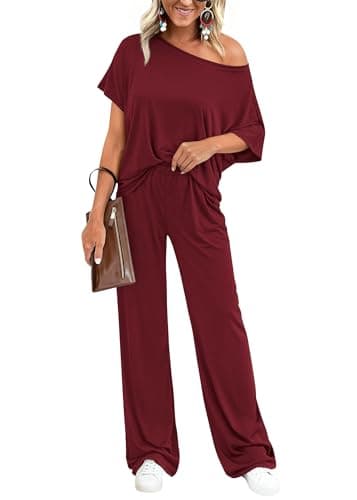 KIRUNDO Two Piece Sets for Women Lounge Airport Travel Vacation Outfits 2026 Summer Off Shoulder Tops Matching Wide Leg Pants(Burgundy, X-Large)