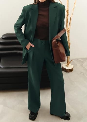 KIRUNDO Women Suits 2 Piece Set Business Casual Dressy Oversized Blazer Jacket and Wide Leg Dress Pantsuits Formal Outfits(Dark Green, XX-Large) - Thumbnail 5