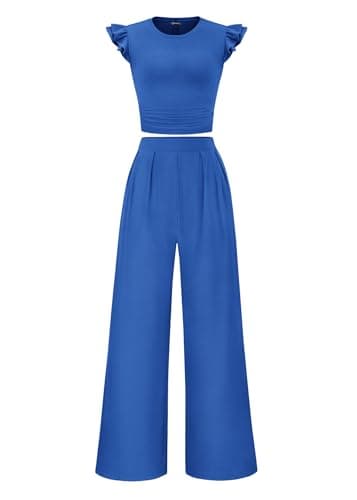 KIRUNDO Two Piece Sets For Women Dressy 2026 Summer Cap Sleeve Cute Tops Wide Leg Pants Spring Matching Set Vacation Outfits(Blue, X-Large) - Image 1