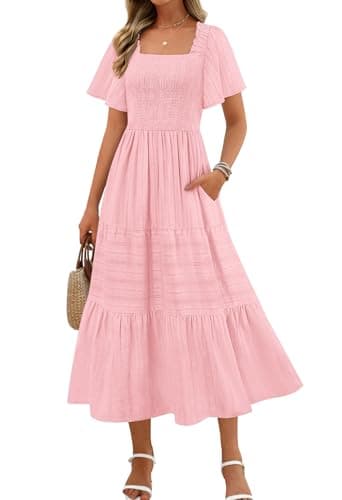 MEROKEETY Women's 2026 Summer Flowy Midi Maxi Dress Short Sleeve Square Neck Smocked Tiered Ruffle Boho Dresses with Pockets, Pink, Medium - Image 1