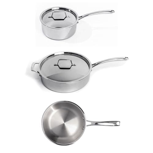 BergHOFF Professional Tri-ply 18/10 Stainless Steel 5Pc Starter Cookware Set With Matching Lid Safe Grip Handle Induction Cooktop Measurement Markings Inside Oven Safe
