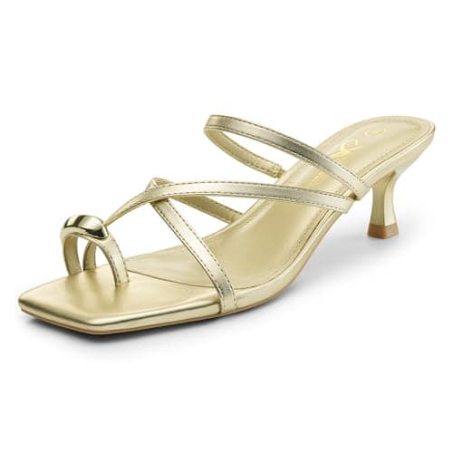 Athlefit Gold Kitten Heels for Women Strappy Flip Flop Low Heels Square Open Toe Slip On Fashion Dress Short Heeled Sandals for Wedding Prom Size 9