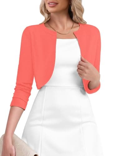 Heymoments Women's Thin Shrugs for Dresses Watermelon Red Small Open Front 3/4 Sleeve Knit Lightweight Crop Cardigan Dressy Cropped Tops Coat Sweater Clothes - Image 1