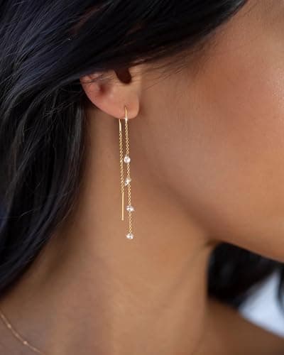 Moodear Dangle Earrings for Women - Trendy 14K Gold Plated Long Chain Earring Non Tarnish Hypoallergenic CZ Drop Earring Dainty Jewelry - Thumbnail 3