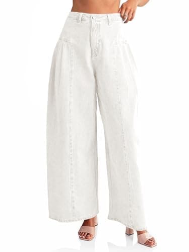 PLNOTME Womens Baggy High Waisted Jeans Loose Boyfriend Wide Leg Side Pleated Denim Pants White - Image 1