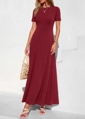 KIRUNDO Wedding Guest Dresses for Women 2026 Spring Summer Short Sleeve Pleated Long Flowy A Line Formal Maxi Dress Pockets(Burgundy, Small) - Thumbnail 3