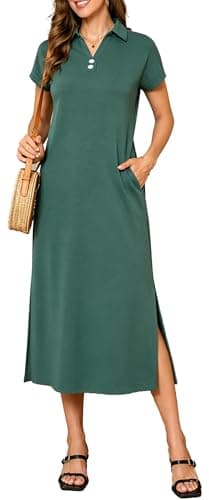 BEXIBOOM Women's Summer Maxi Dress, Cap Sleeve V Neck Collared Polo Shirt Dress with Pockets, Casual Long Dress for Beach Vacation Work Dark Green-XL - Image 1