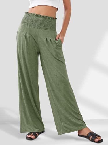 GEMLON Womens Pants High Waisted Palazzo Pants Wide Leg Long Pant Casual Lounge Trousers with Pocket(Green,S) - Thumbnail 5