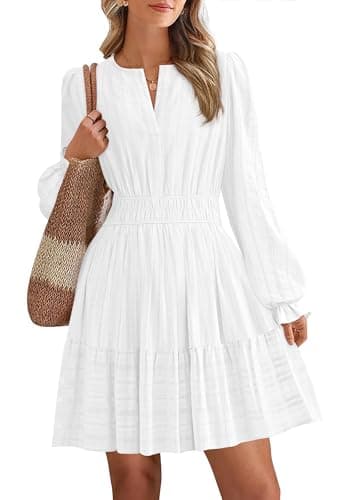 BTFBM Mini Dresses for Women 2026 Casual Lightweight Long Sleeve V Neck A Line Elastic Waist Party Holiday Dress(White, X-Large) - Image 1