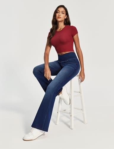 IUGA Stretchy Jeans for Women Bell Bottom Jeans V Cross High Waisted Jeggings Pull On Wide Leg Sweatpant Jean Flare Leggings(Whiskers Dark Wash, XX-Large) - Thumbnail 5