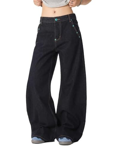 Aelfric Eden Baggy Jeans for Women Vintage Rivet Barrel Jeans High Waisted Wide Leg Y2k Streetwear Pants Black - Image 1