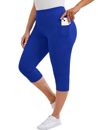 AusLook Plus Size Capri Leggings for Women with Pockets High Waisted Tummy Control Cropped Royal Blue 4X Leggings Buttery Soft Stretch Casual Lounge Workout Pants - Image 1