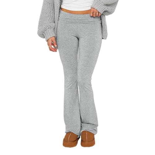 Fawjsais Flare Leggings for Women Skinny Fold Over Leggings Bootcut Yoga Pants Low Rise Sweatpants Light Gray M - Image 1
