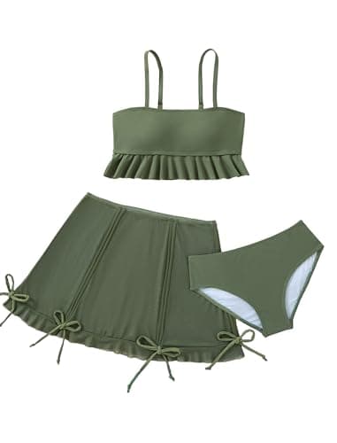 Kdwdvbn Girls 3 Piece Swimsuit Ruffle Cami Tankini Top with Swim Skirt and Bikini Bottom, Cute Girls Swimwear for Pool Beach Vacation, Green, Ages 9-10 Years - Image 1