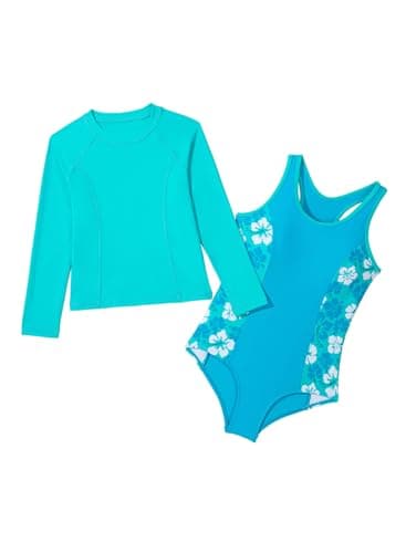 blibean Girls Rash Guard Swimsuit One Piece Flower Bathing Suits Tween Girl Floral Colorblock Swimwear Sets Kids Swim Cover Up Top Traje Baño Niñas Size 12-13 Year Old Mint Green - Image 1