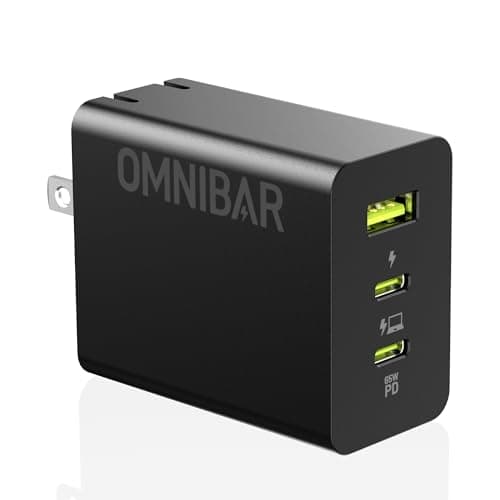 Omnibar 65W USB C Charger, 3-Port GaN Compact USB C Wall Charger Block with Foldable Plug, Type C Charger Fast Charging Block for MacBook, iPad, iPhone 17/16/15/14, Samsung S26/S25/S24, Switch, Black - Image 1