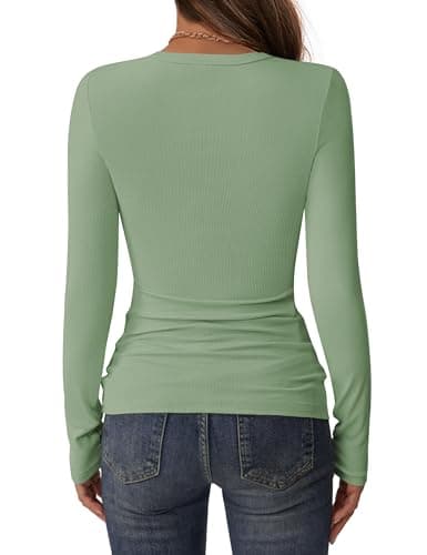 C.O.Z.Y Womens Long Sleeve Shirts Ribbed Crewneck Slim Fit Tops Casual Layering Basic Tee T-Shirt Trendy Outfits LightGreen - Thumbnail 4